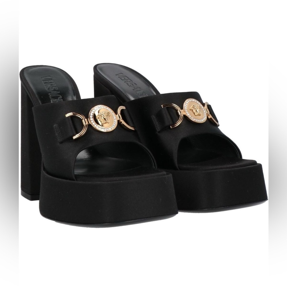 Versace Black Embellished Medusa Silk Platform Mules